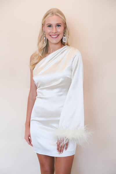 White Satin Dress- White Feather Mini Dress- One Shoulder Cocktail Dress- Main Strip Feather Dress