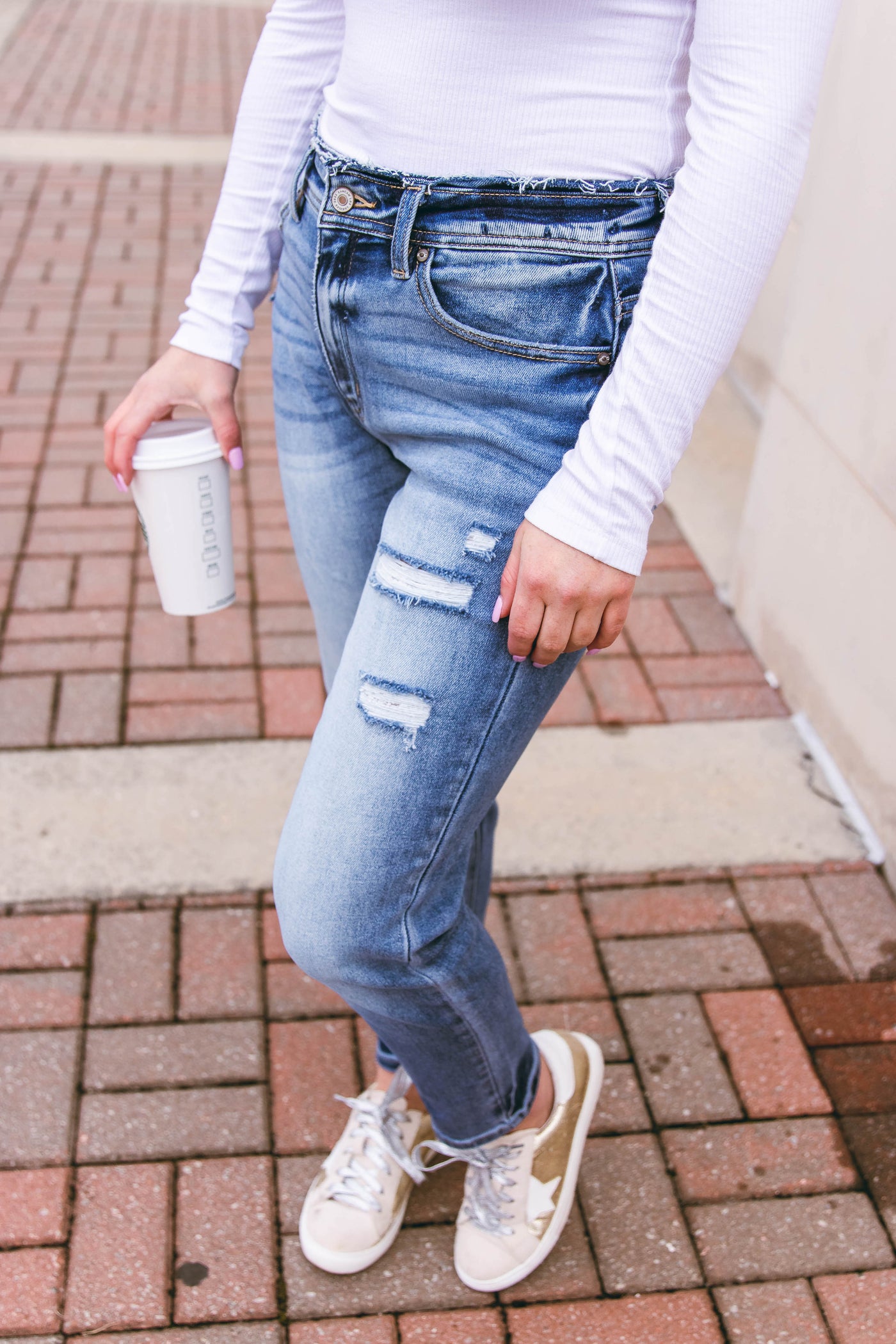 Distressed Mom Jeans- Stretchy And Soft Straight Leg Jeans- Women's Kancan Jeans- $46