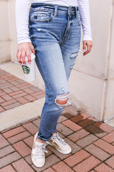 Distressed Mom Jeans- Stretchy And Soft Straight Leg Jeans- Women's Kancan Jeans- $46
