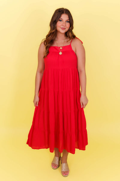 Red Dress- Red Tiered Midi Dress- Summer Midi Dresses