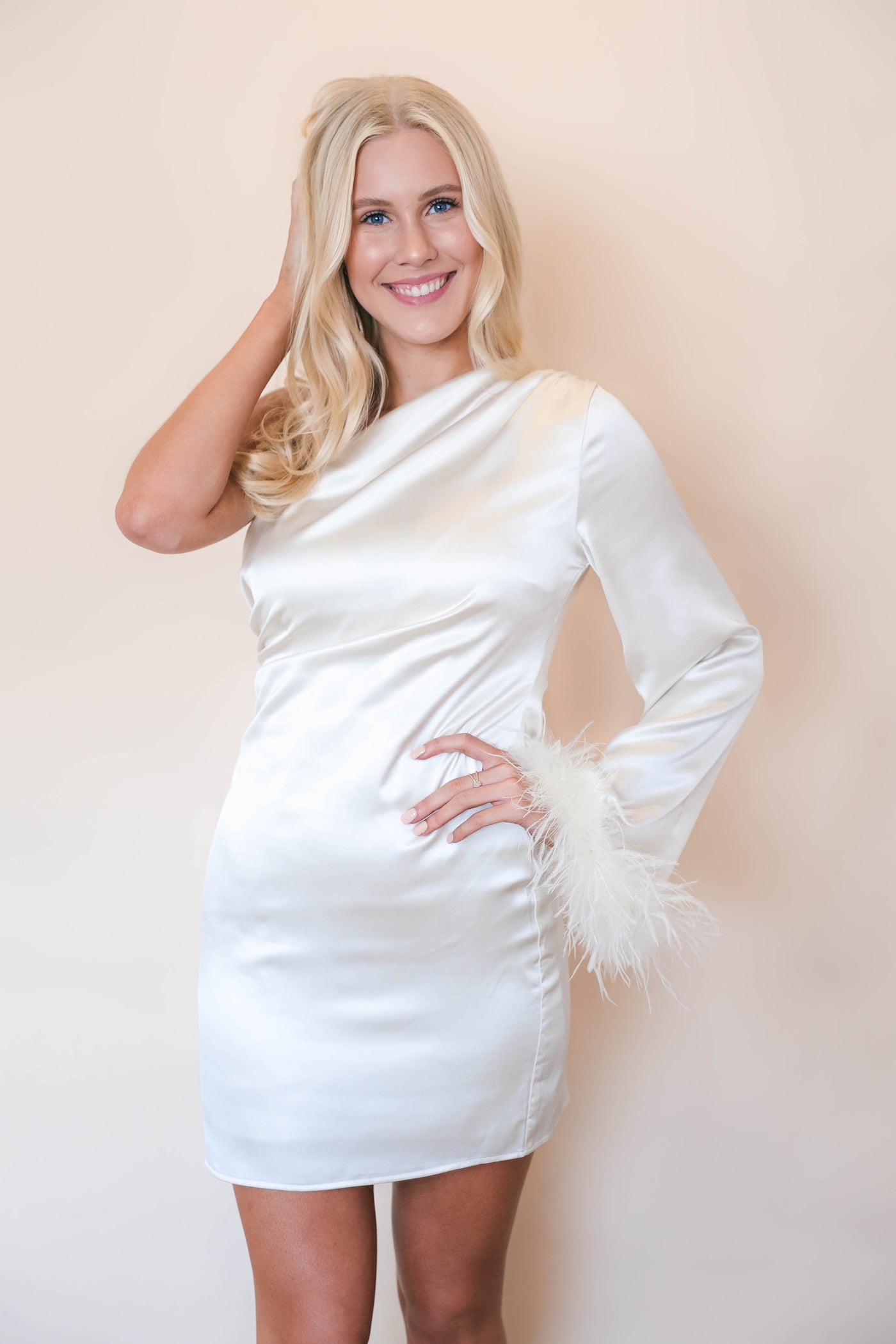 Cream Satin Dress- White Feather Mini Dress- One Shoulder Cocktail Dress- Main Strip Feather Dress