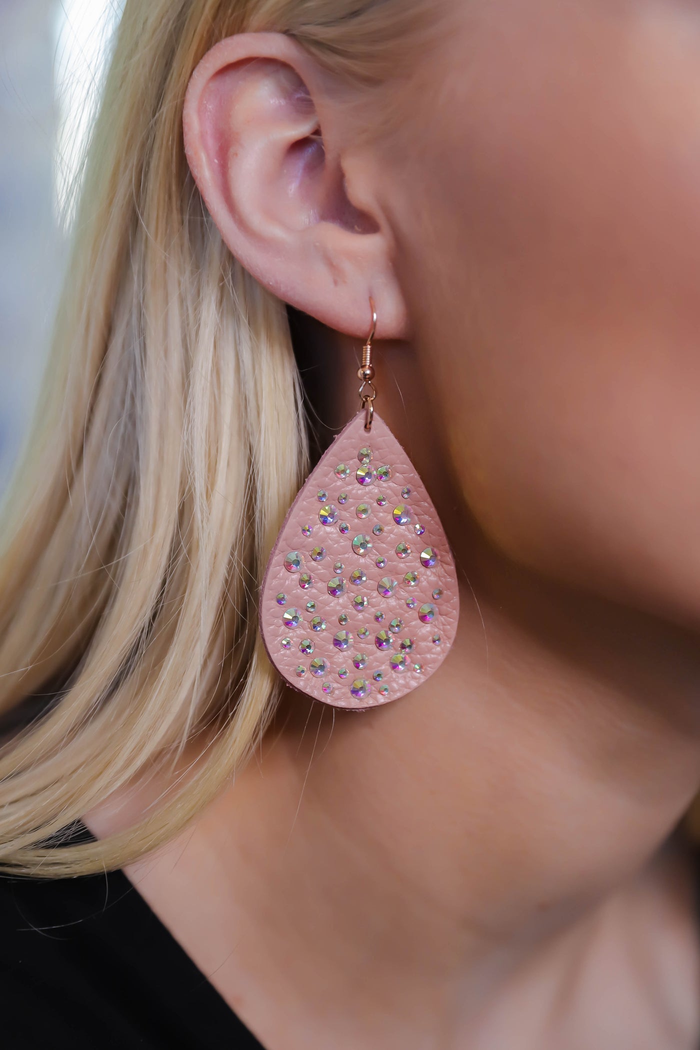 Blush Teardrop Earrings with Rhinestone- Faux Leather Teardrop Earrings with Embellishments 