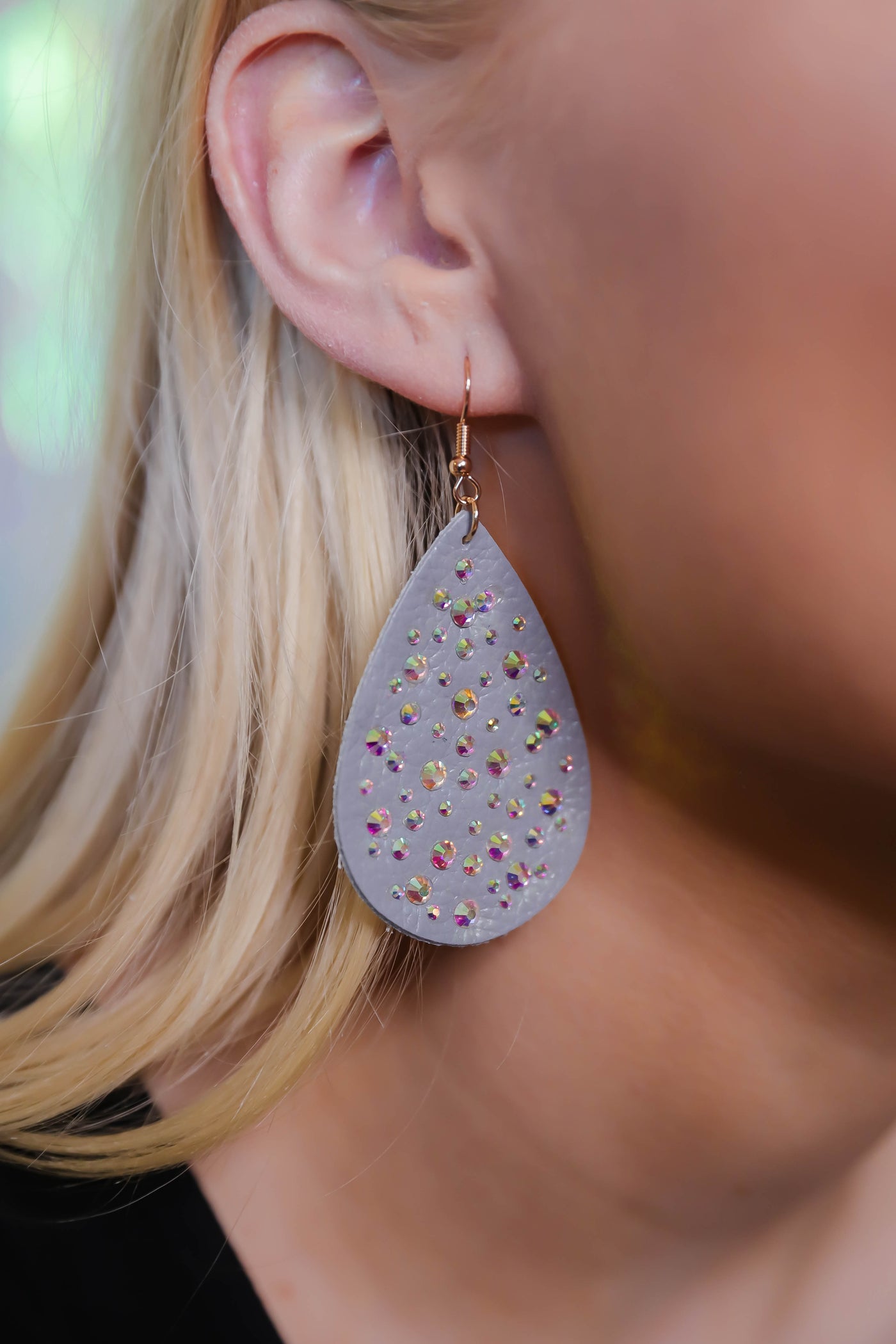 Blush Teardrop Earrings with Rhinestone- Faux Leather Teardrop Earrings with Embellishments 