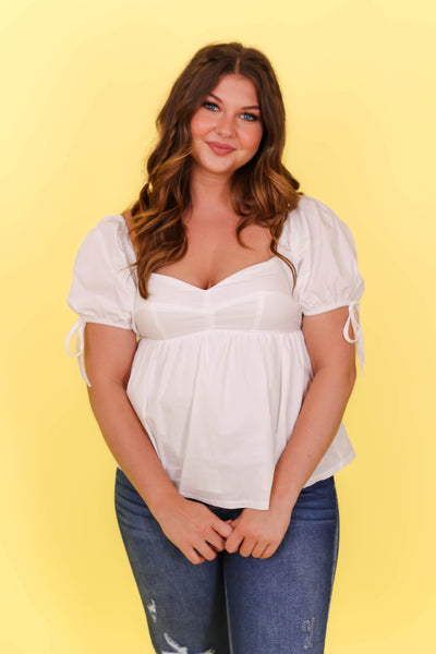 White Blouse- Women's Preppy Tops- Sweetheart Neckline Top- &Merci Tops