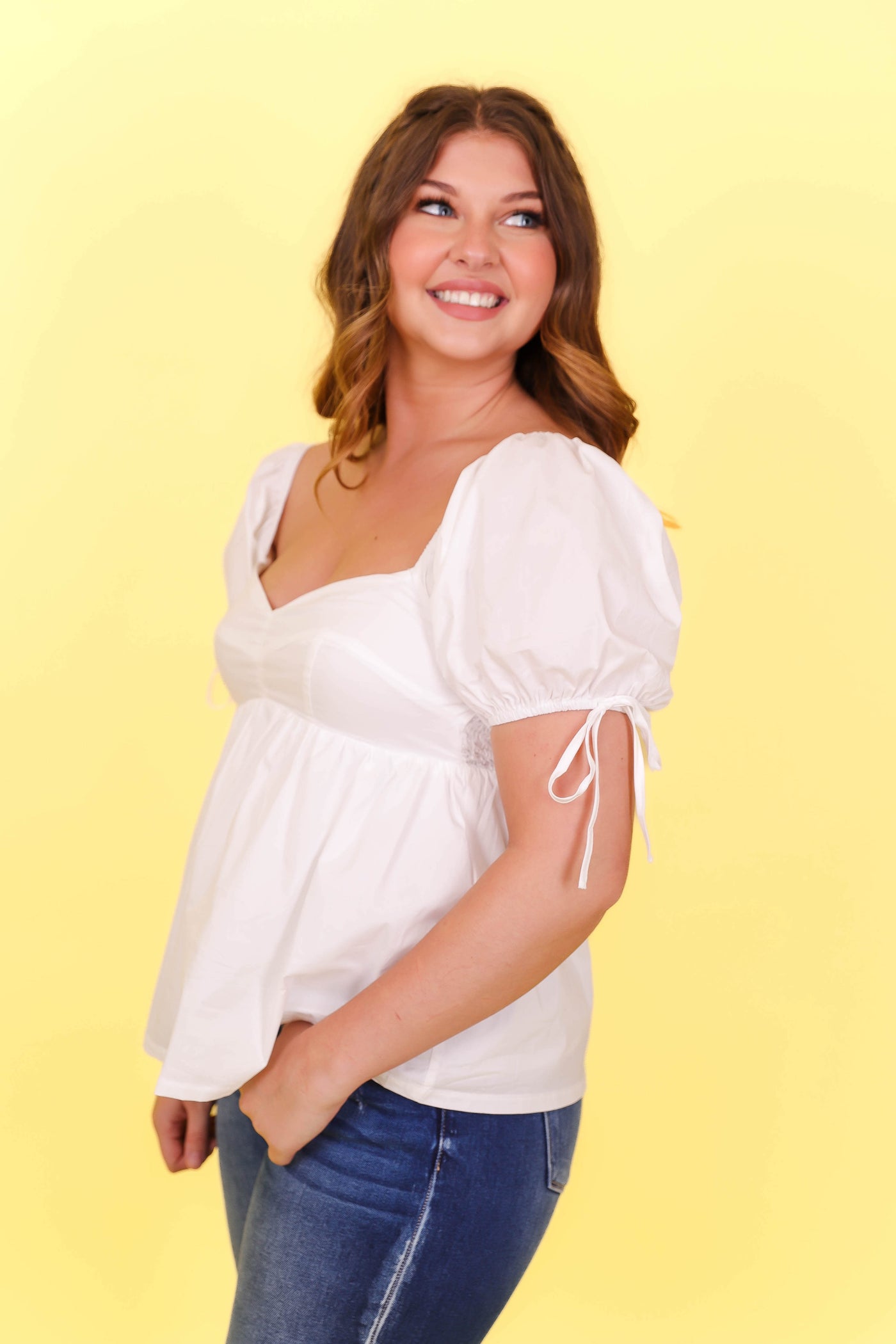 White Blouse- Women's Preppy Tops- Sweetheart Neckline Top- &Merci Tops