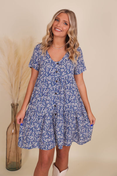 Dainty Floral Print Dress- Tiered Babydoll Doll Dress- Tiered Dress With Buttons