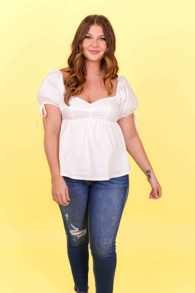White Blouse- Women's Preppy Tops- Sweetheart Neckline Top- &Merci Tops