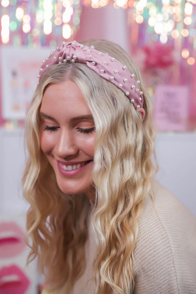 Pink Headband with Pearls- Preppy Pink Headband