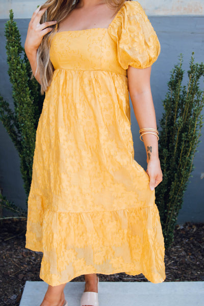 Yellow Floral Applique Dress- Yellow Lace Midi Dress- Women's Wedding Guest Dress