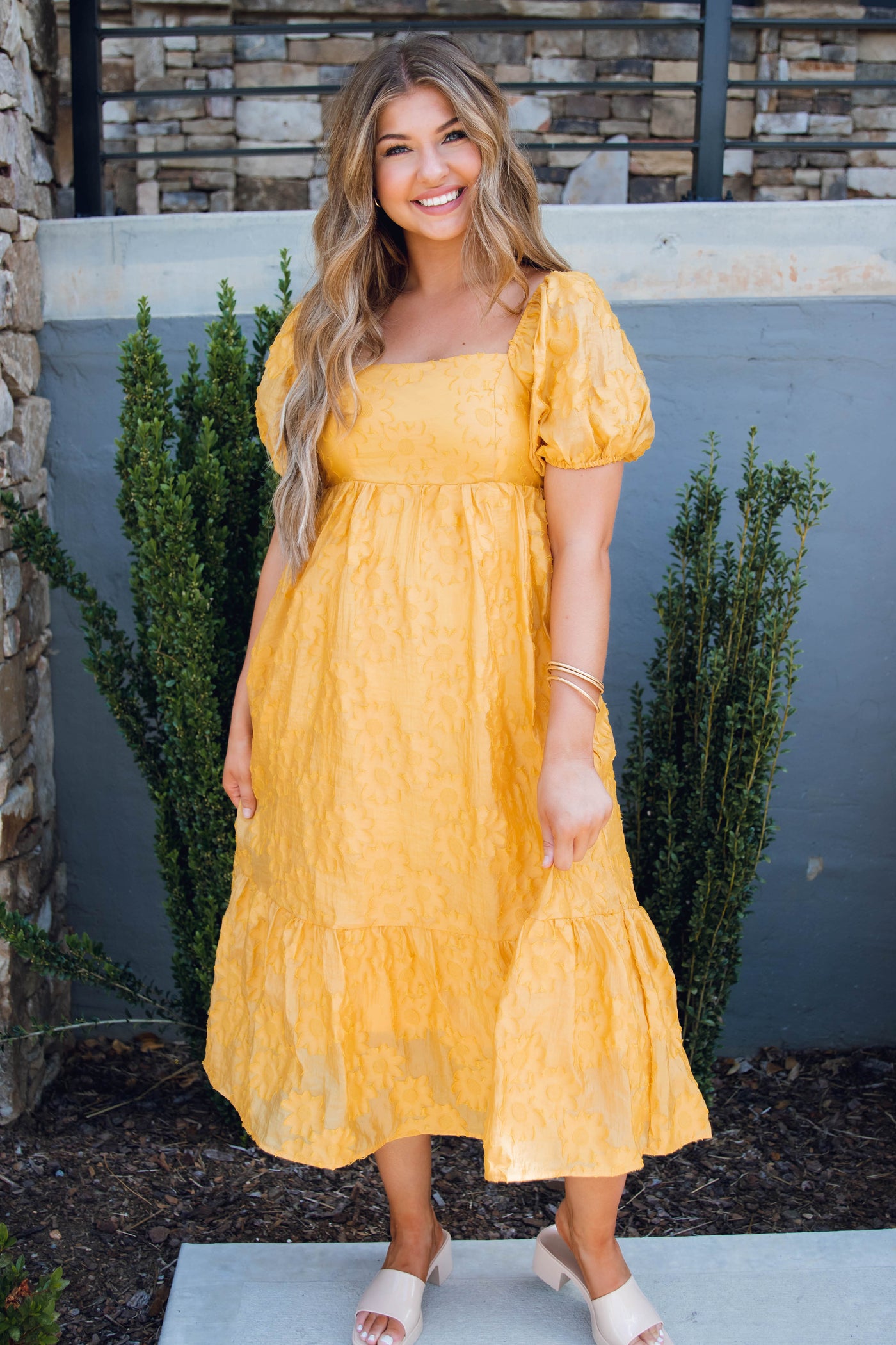 Yellow Floral Applique Dress- Yellow Lace Midi Dress- Women's Wedding Guest Dress