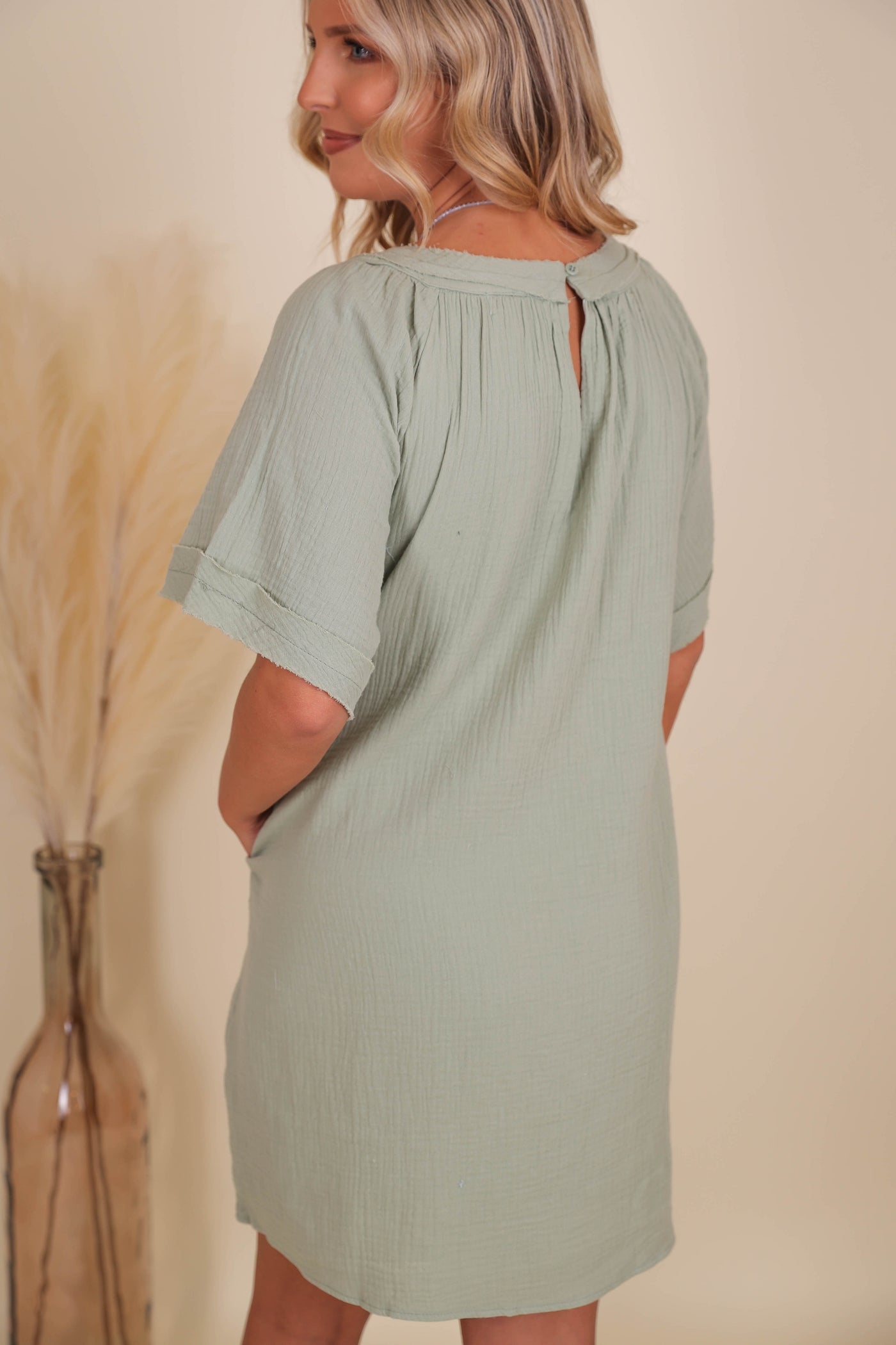 Sage Babydoll Dress- Green Tunic Dress- Women's Flowy Dress- Dresses With Pockets