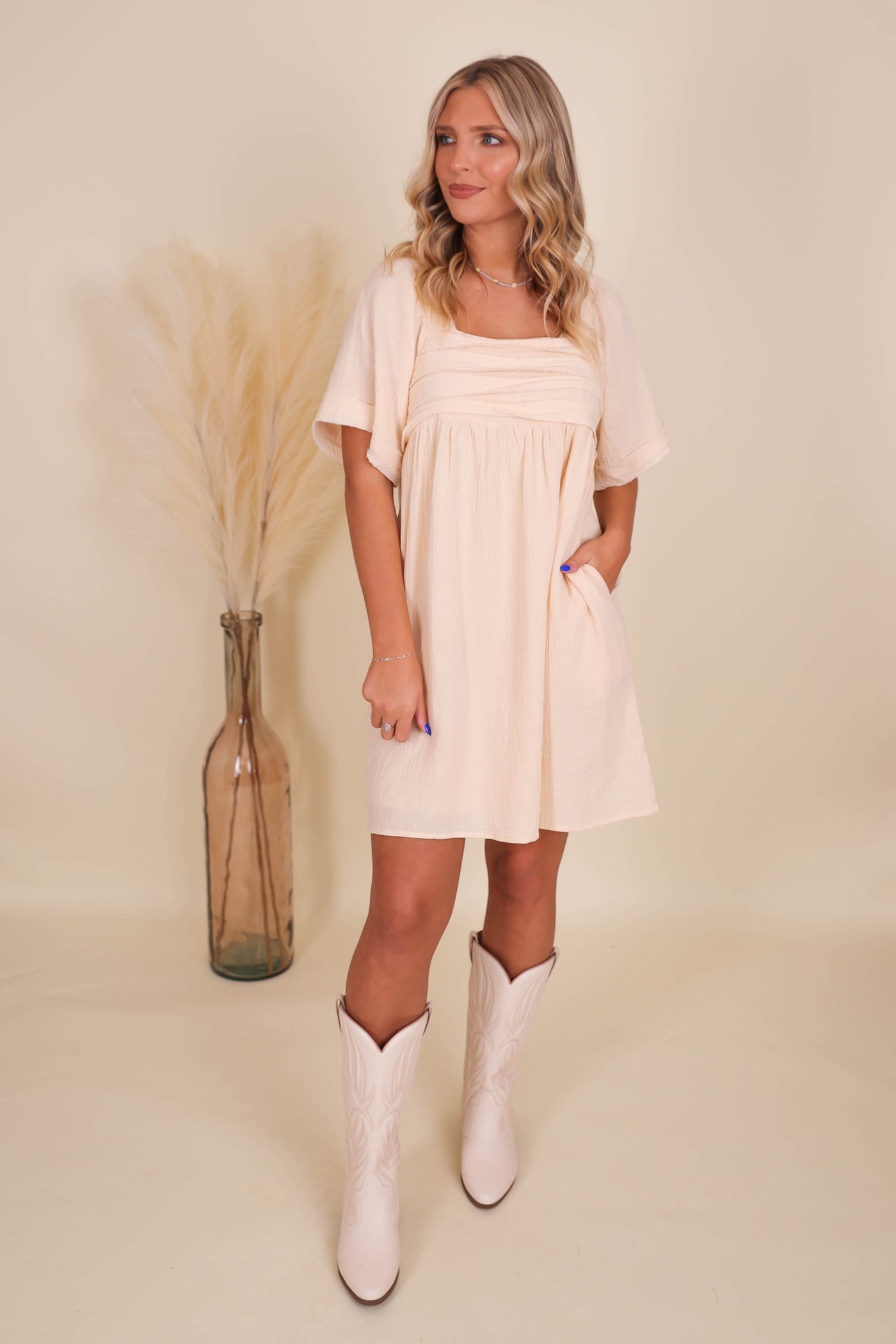 Ivory Babydoll Dress- Ivory Tunic Dress- Women's Flowy Dress- Dresses With Pockets