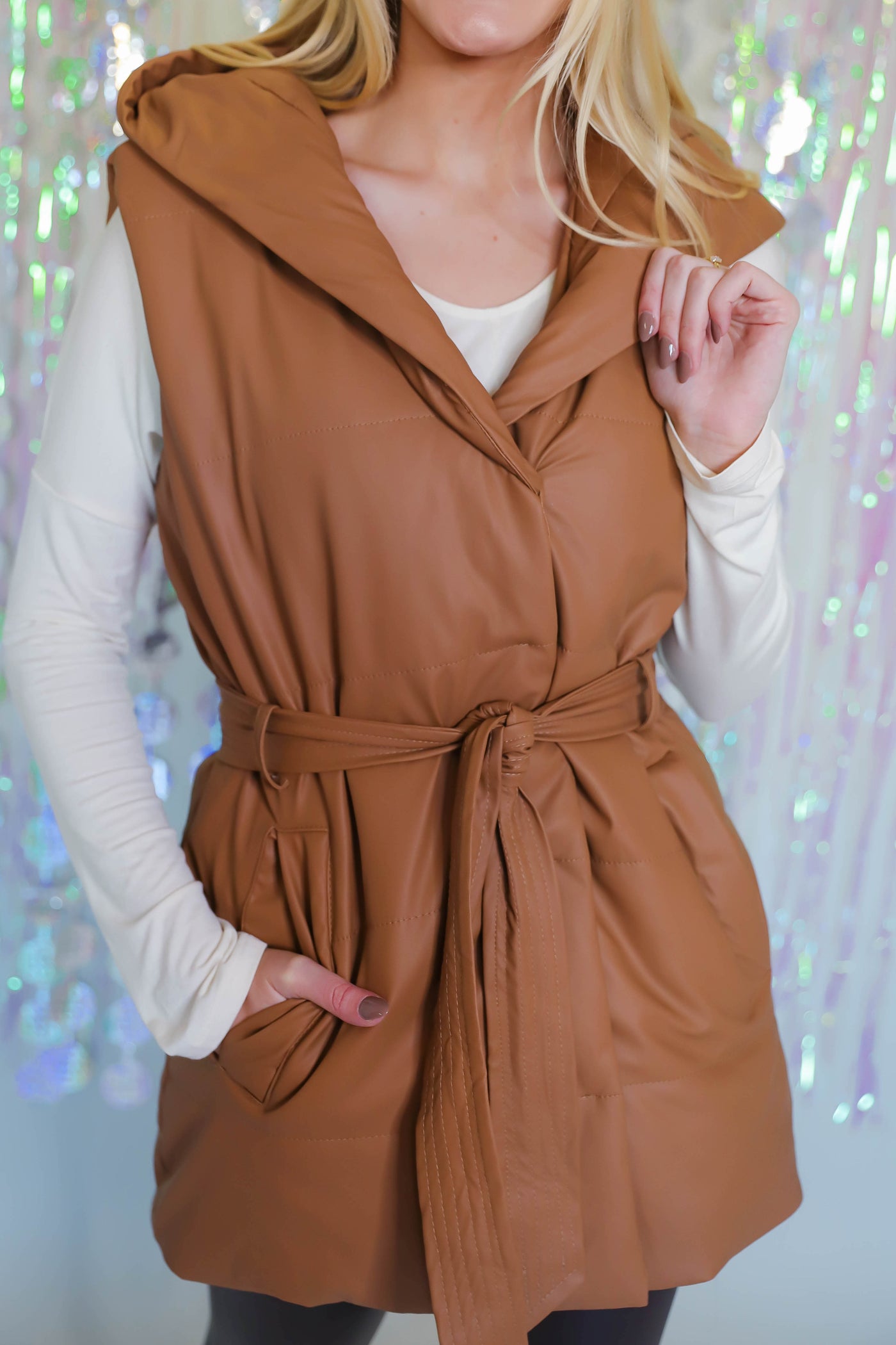 Brown Faux Leather Vest- Long Puffer Vest- Women's Puffer Vest with Hood