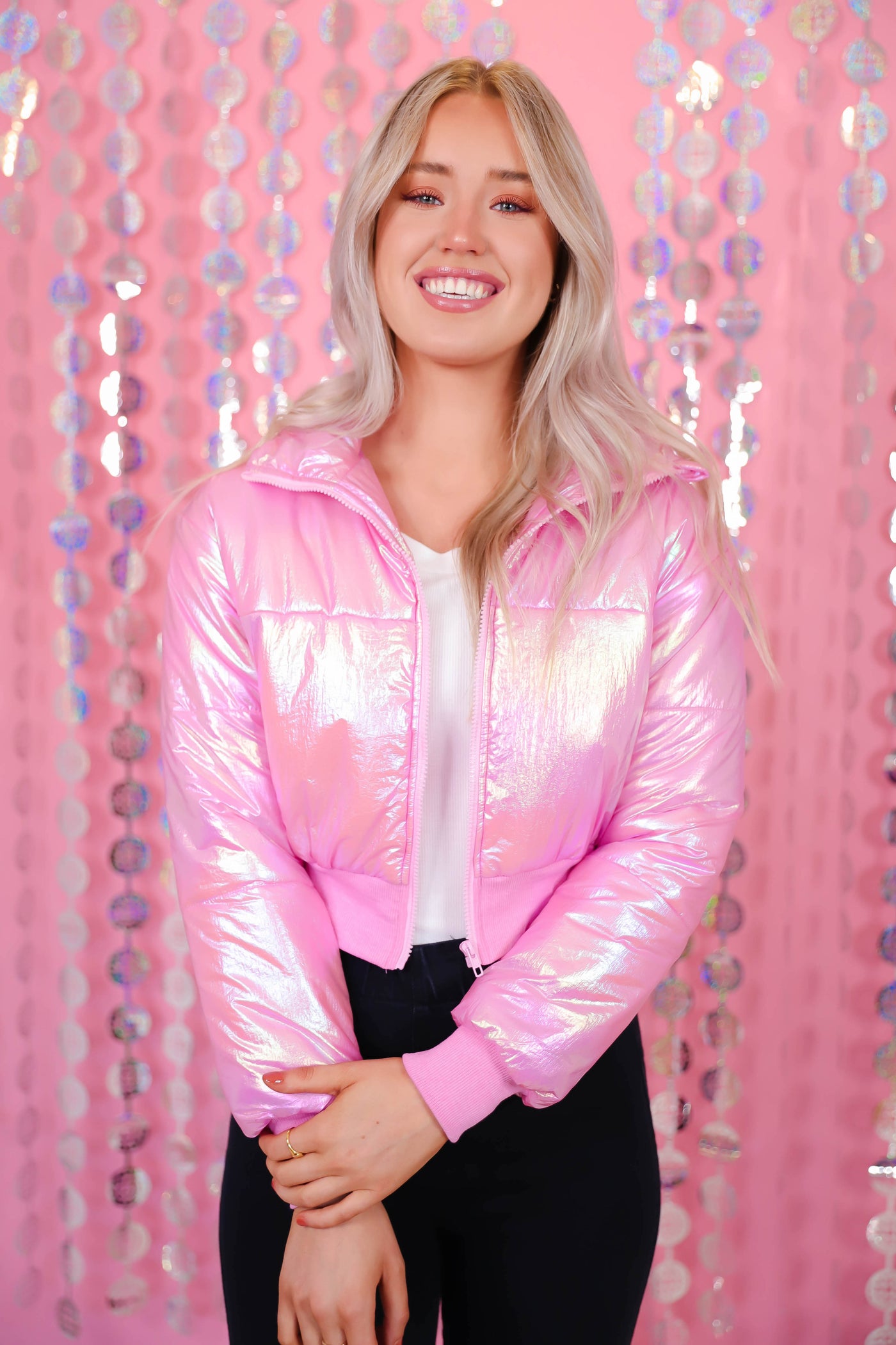 Pink Iridescent Puffer Jacket- Women's Trendy Puffer Jacket- Women's Iridescent Jacket