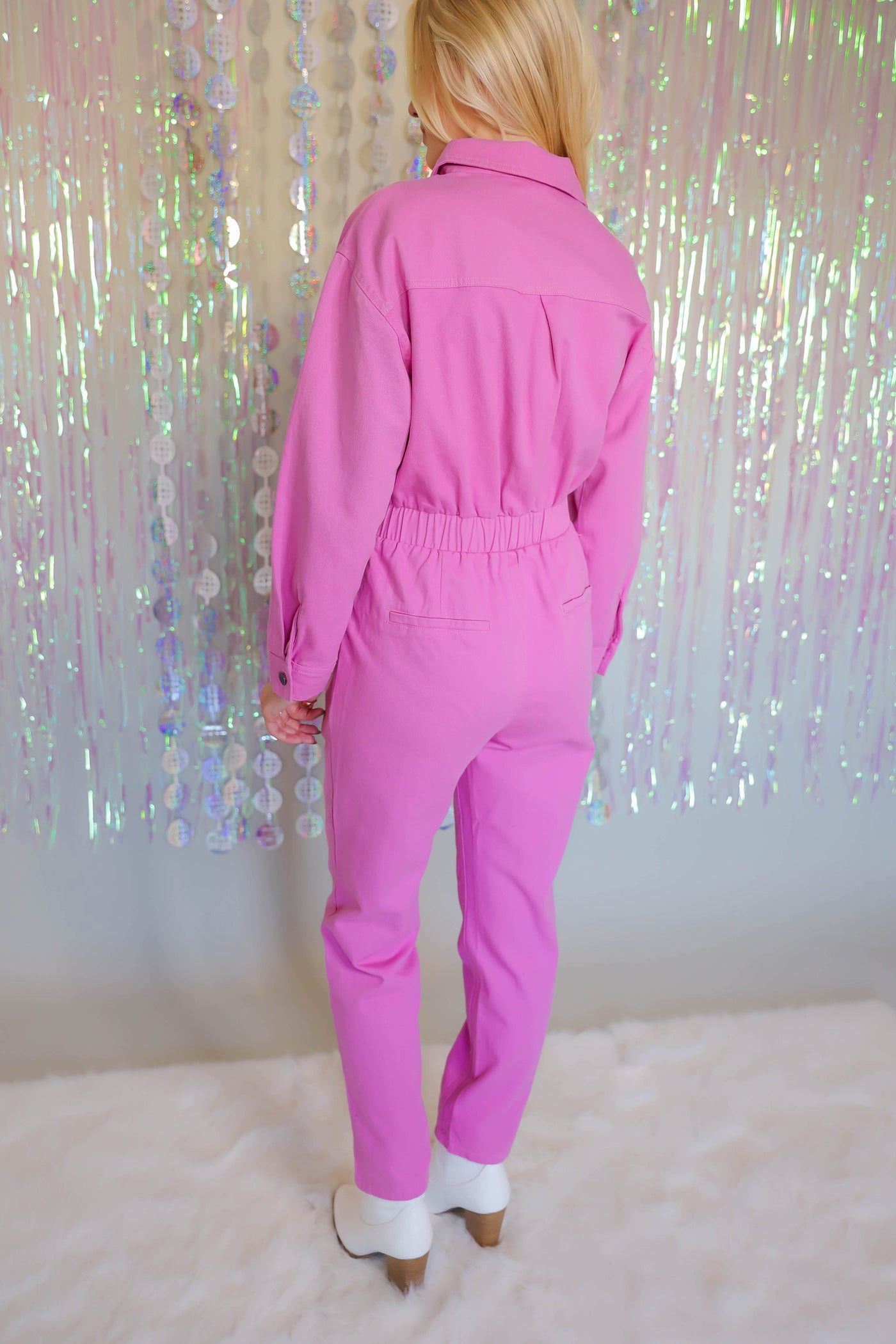 Pink Denim Jumpsuit- Long Sleeve Pink Jumpsuit- Women's Pink Utility Jumpsuit