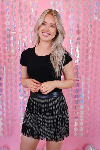 Black Faux Leather Skirt- Studded Fringe Skirt- Black Fringe Skirt