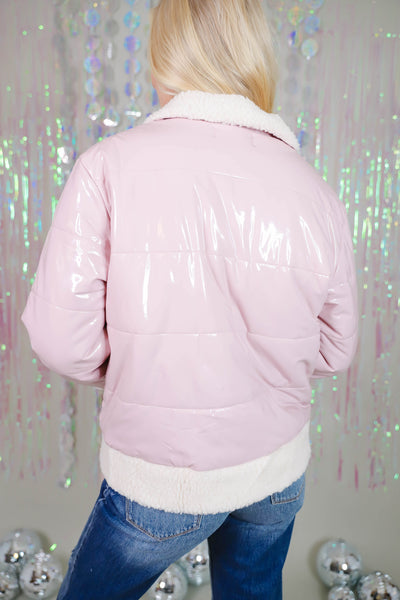 Blush Faux Latex Puffer Jacket- Sherpa Trimmed Puffer Jacket- Women's Trendy Pink Puffer Coat