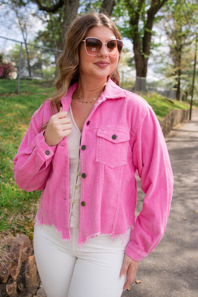 Hot Pink Corduroy Jacket- Distressed Corduroy Vintage Style Jacket- POL Jacket