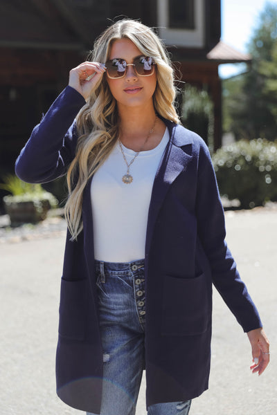 Women's Navy Cardigan with Front Pockets- Women's Classic Cardigan- Work Professional Navy Cardigan