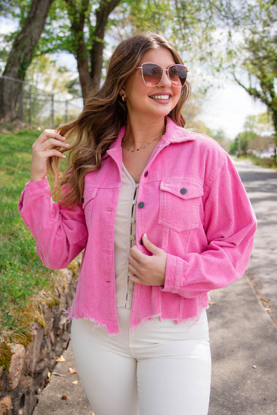 Hot Pink Corduroy Jacket- Distressed Corduroy Vintage Style Jacket- POL Jacket