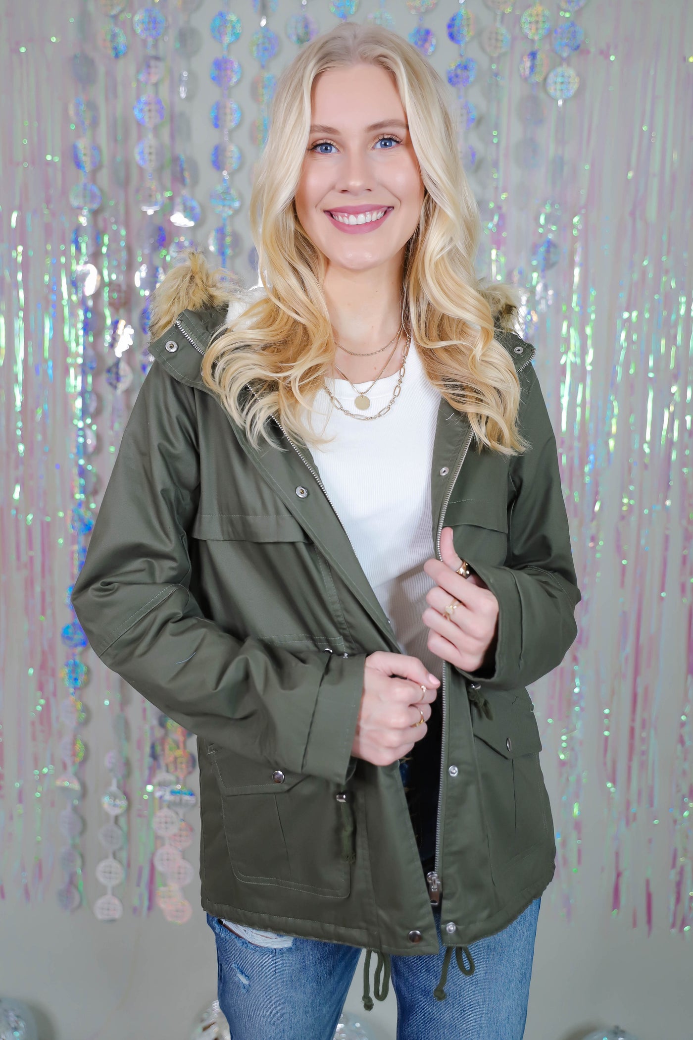 Fur Hood Coat- Women's Army Green Coat- Women's Sherpa Lined Jacket