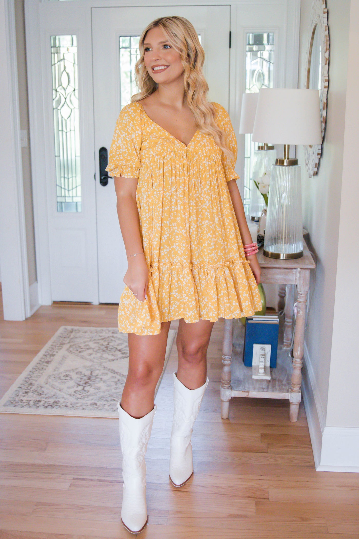 Yellow Floral Dress- Women's Short Sleeve Dress