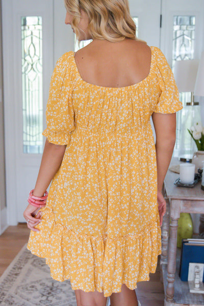 Yellow Floral Dress- Women's Short Sleeve Dress