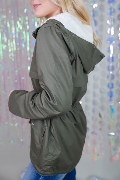 Fur Hood Coat- Women's Army Green Coat- Women's Sherpa Lined Jacket