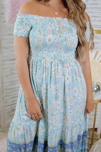 Floral Blue Maxi Dress- Stunning Off The Shoulder Maxi- Vacation Dresses- Aakaa Maxi Dress
