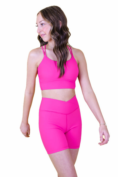Pink Crossover Biker Shorts- Hot Pink Ribbed Biker Shorts- Affordable Women's Workout Wear