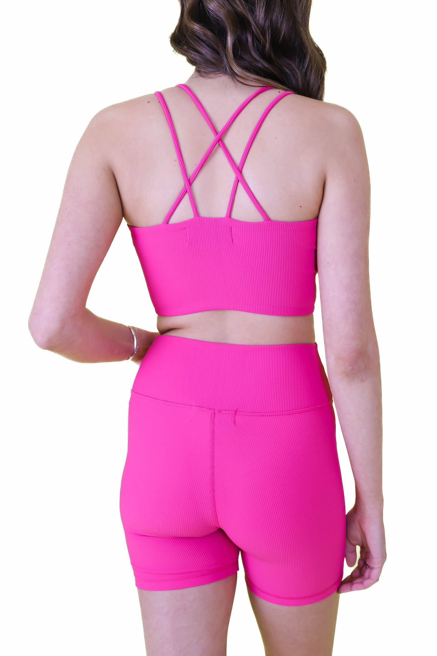 Pink Crossover Biker Shorts- Hot Pink Ribbed Biker Shorts- Affordable Women's Workout Wear