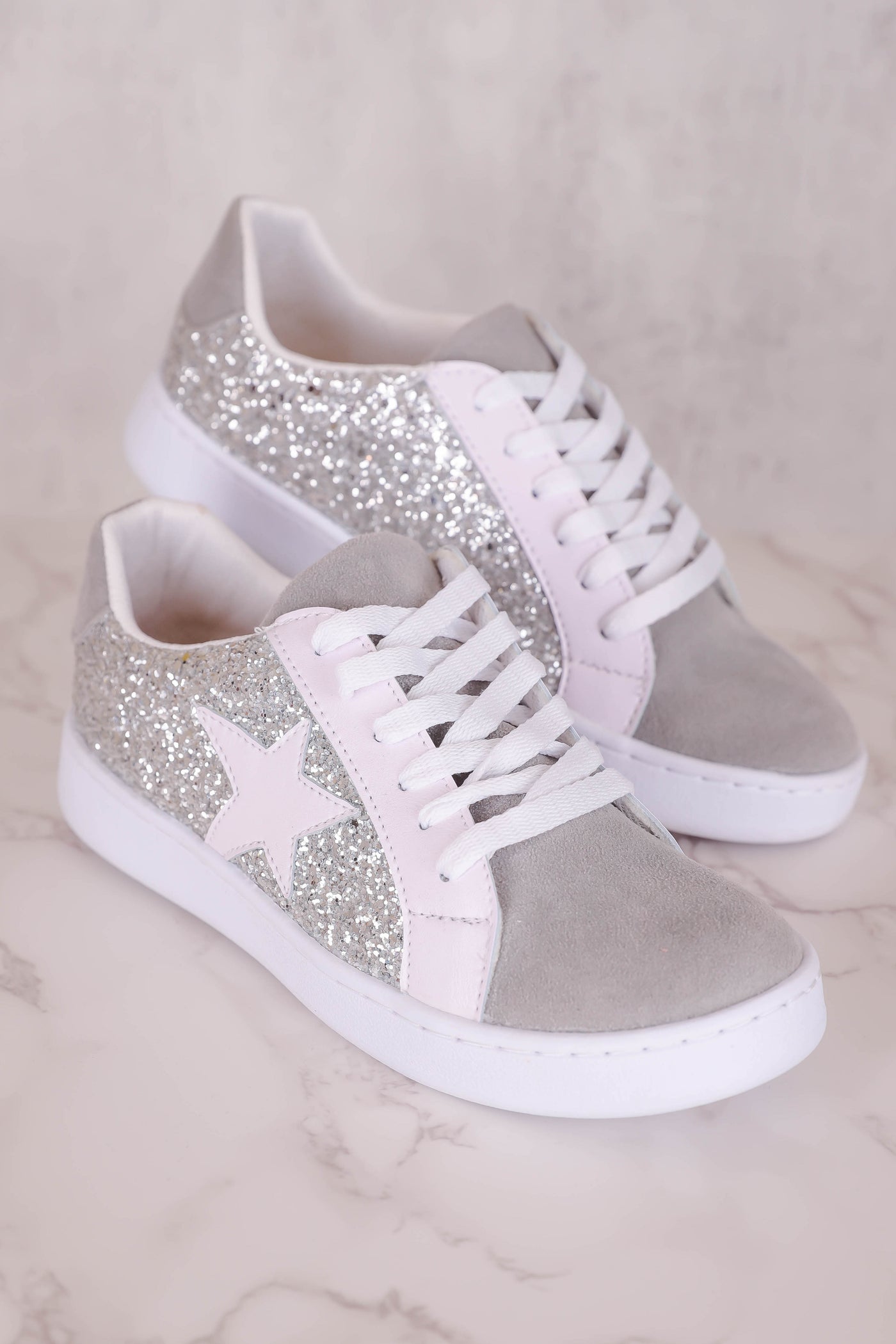 Silver Glitter Sneakers- Women's Star Sneakers- Silver Star Sneakers