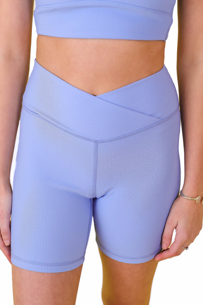 Blue Crossover Biker Shorts- Periwinkle Ribbed Biker Shorts- Affordable Women's Workout Wear