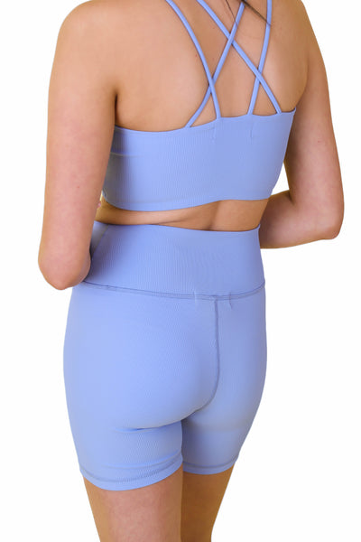 Blue Crossover Biker Shorts- Periwinkle Ribbed Biker Shorts- Affordable Women's Workout Wear