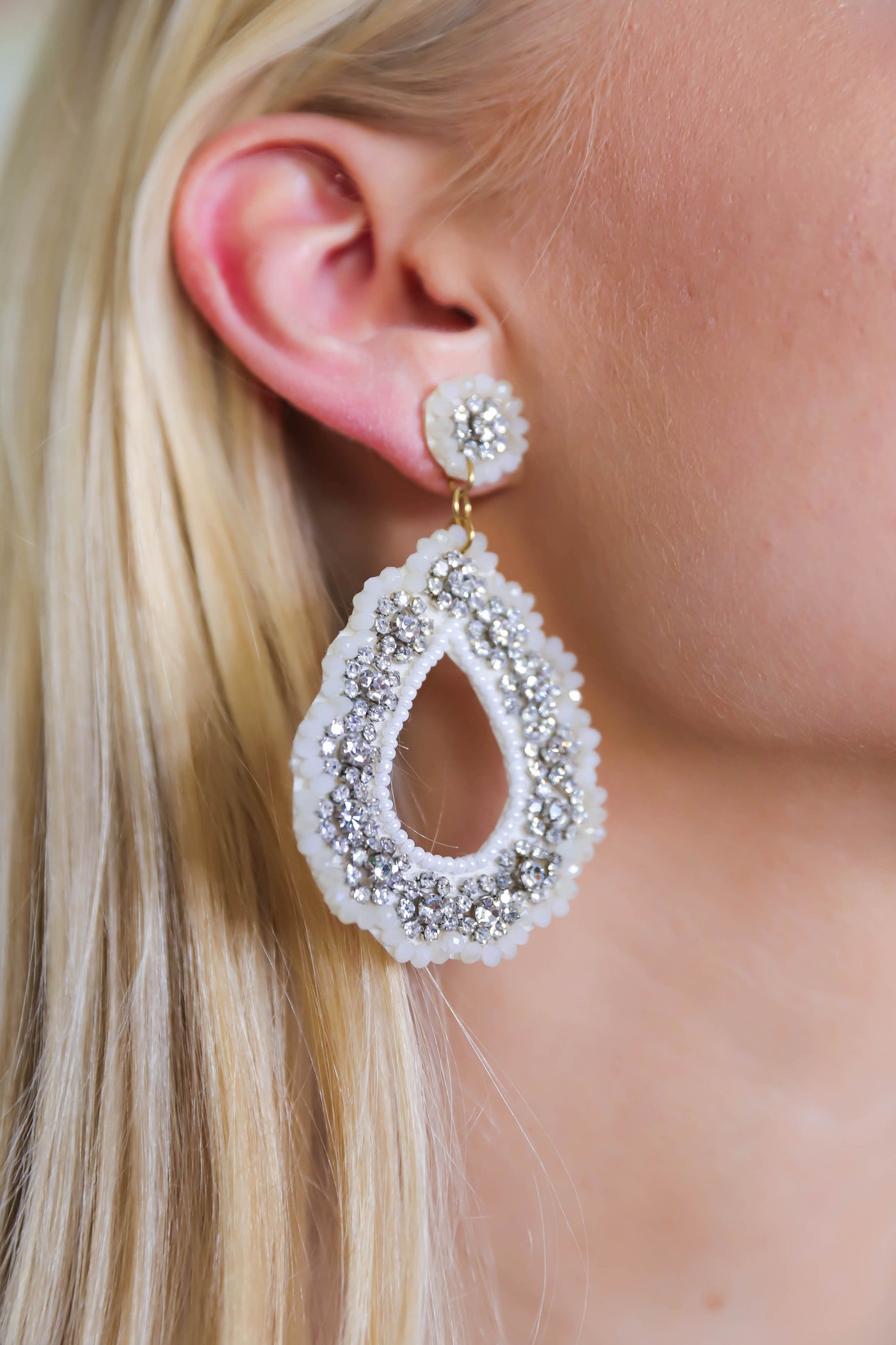 Elegant White Beaded Earrings- Beaded Teardrop Earrings- Bridal Earrings