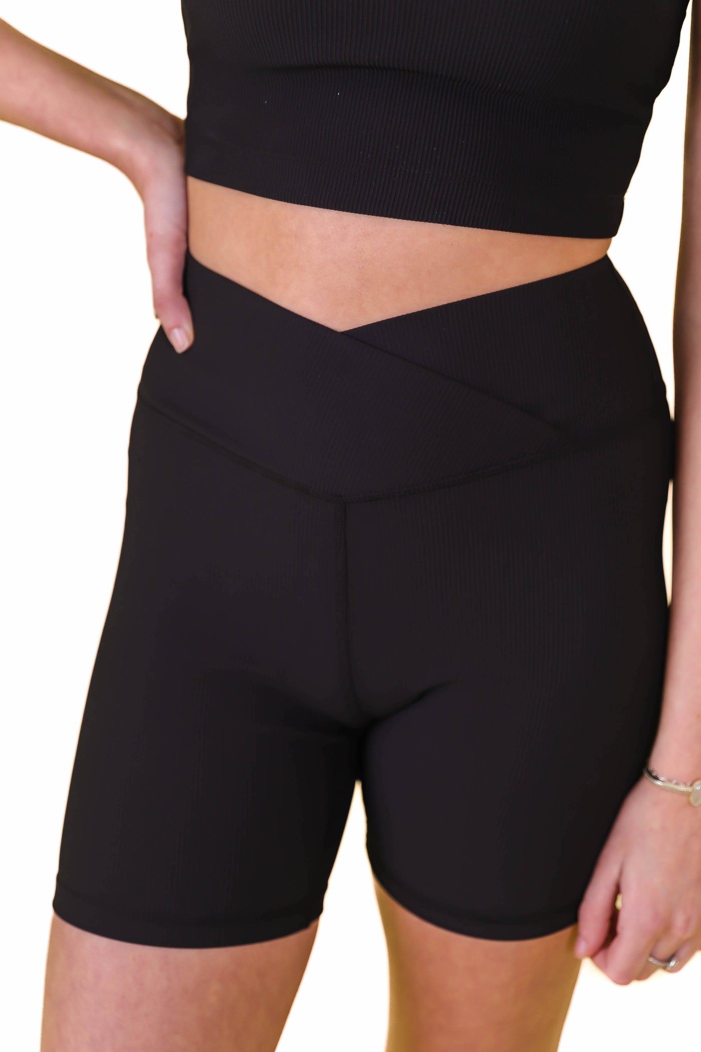 Black Crossover Biker Shorts- Black Ribbed Biker Shorts- Affordable Women's Workout Wear