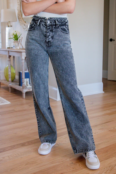 High Rise Straight Leg Jeans- Women's Black Denim- KanCan Jeans- 90s Style Jeans
