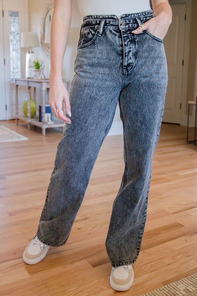 High Rise Straight Leg Jeans- Women's Black Denim- KanCan Jeans- 90s Style Jeans