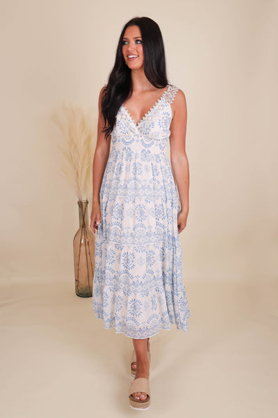 Blue Printed Midi Dress- Boho Style Midi Dress- Women's Summer Dresses