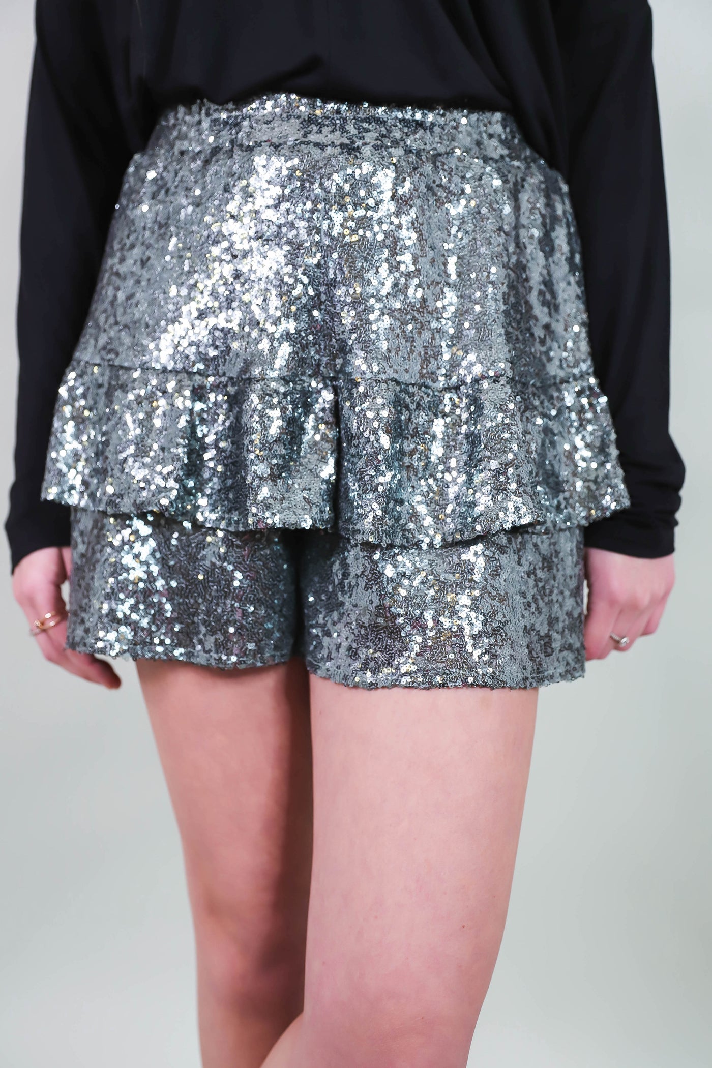 Silver Sequin Shorts- Elastic Sequin Shorts