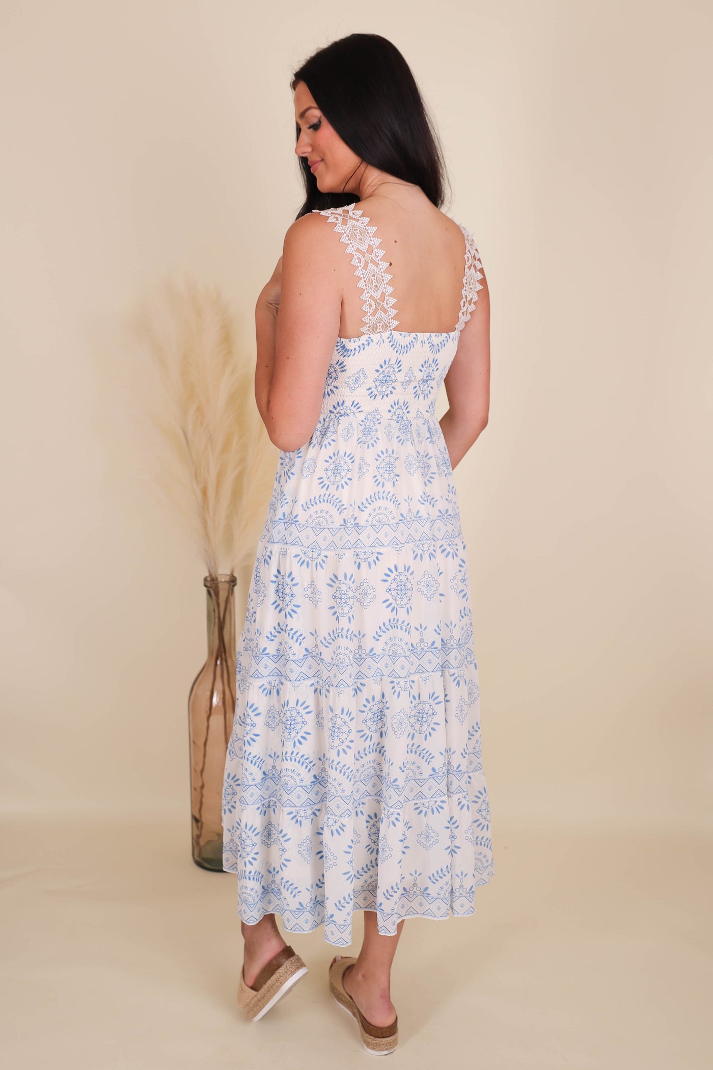 Blue Printed Midi Dress- Boho Style Midi Dress- Women's Summer Dresses