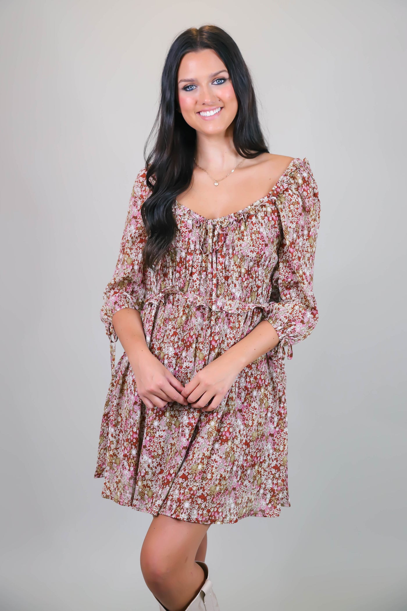 Dainty Floral Print Dress- Women's Ruffle Dress- Sweetheart Neckline Dress