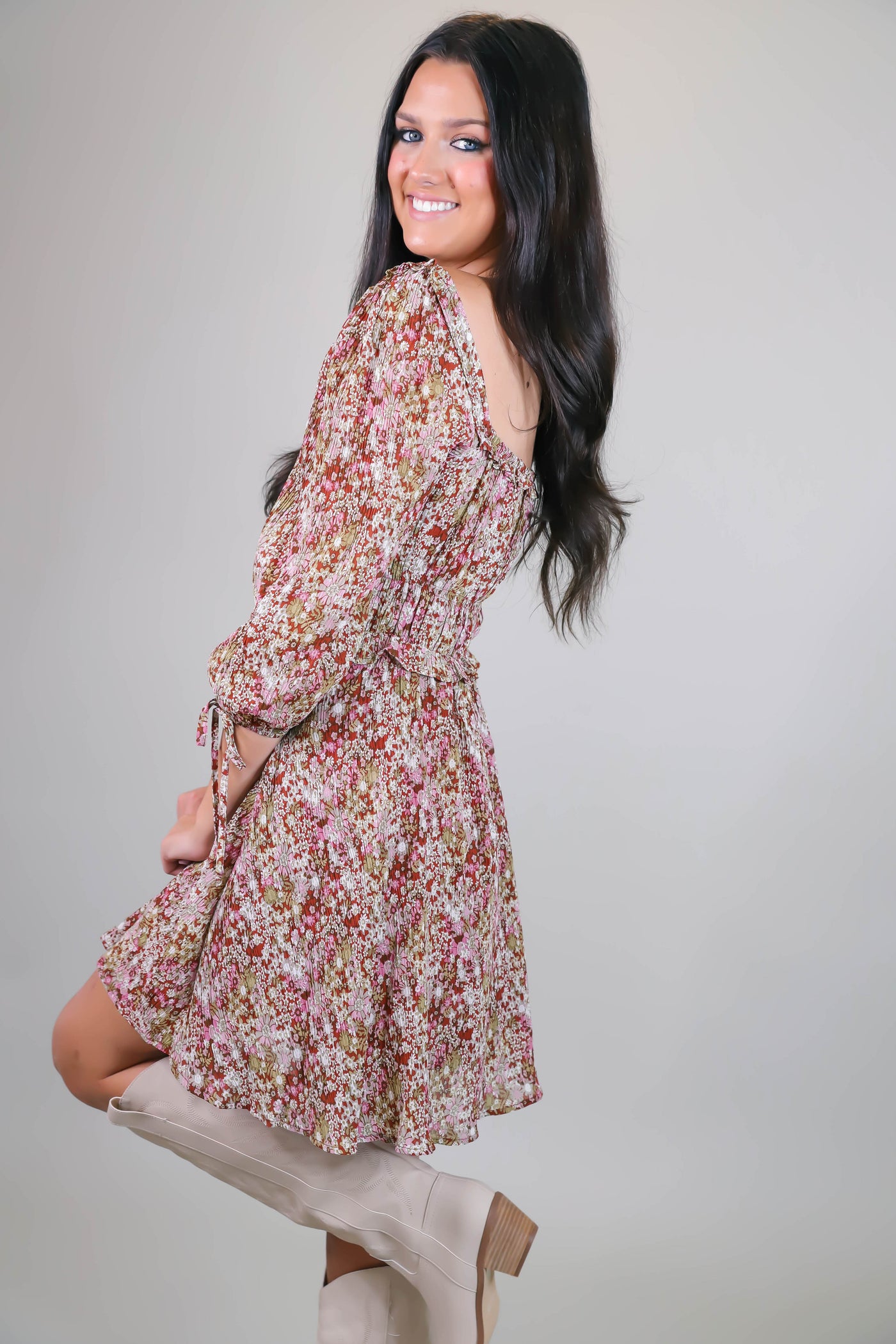 Dainty Floral Print Dress- Women's Ruffle Dress- Sweetheart Neckline Dress