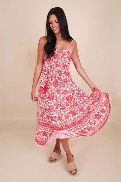 Women's Red Dress- Red Printed Midi Dress- BluPepper Midi Dress