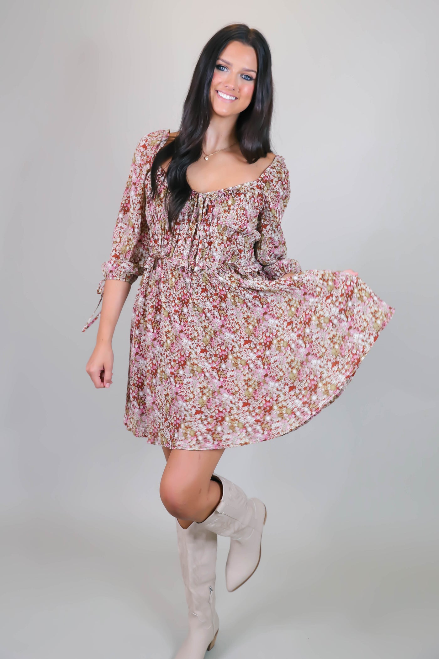 Dainty Floral Print Dress- Women's Ruffle Dress- Sweetheart Neckline Dress