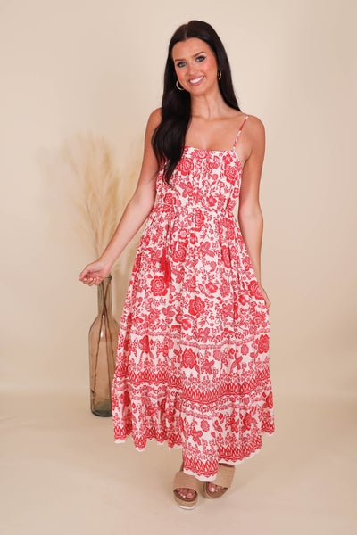 Women's Red Dress- Red Printed Midi Dress- BluPepper Midi Dress