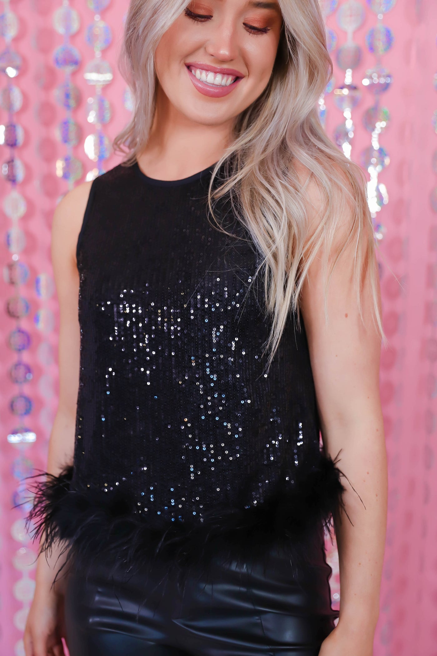 Black Sequin Feather Tank- Women's Feather Tank- Going Out Tops