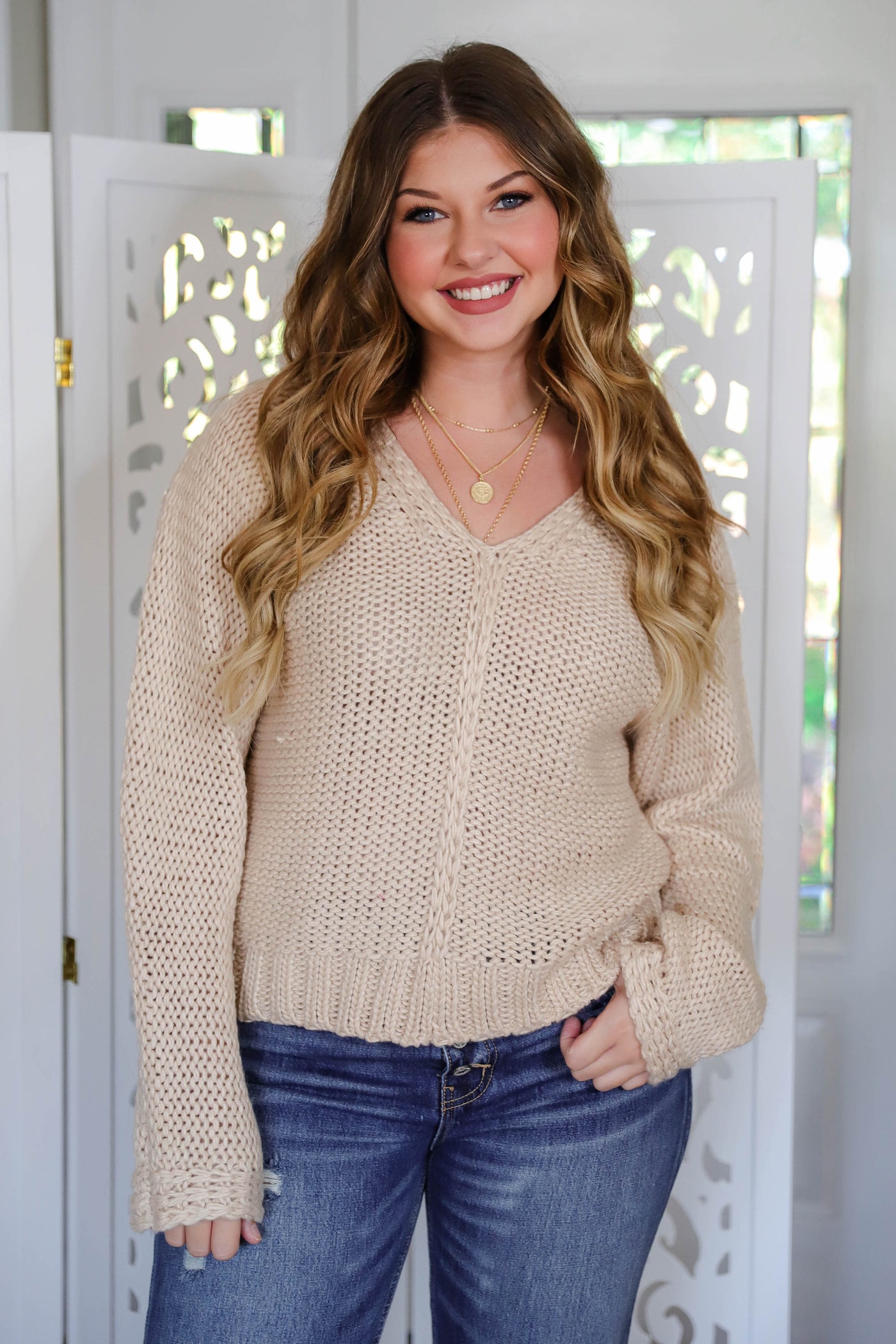 Women's Beige Knitted Sweater- Coastal Knitted Sweater- Women's Affordable Fall Sweaters