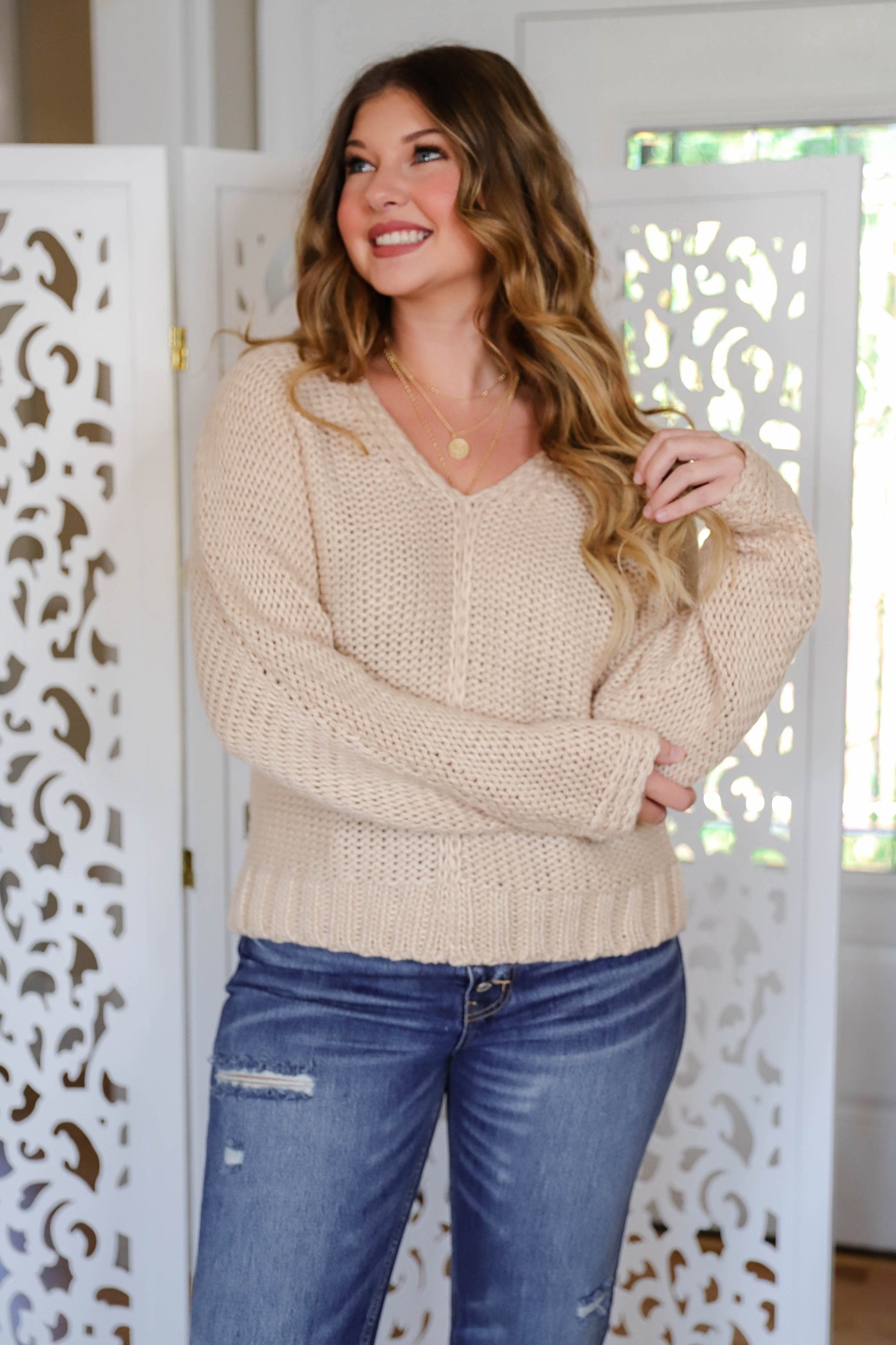 Women's Beige Knitted Sweater- Coastal Knitted Sweater- Women's Affordable Fall Sweaters