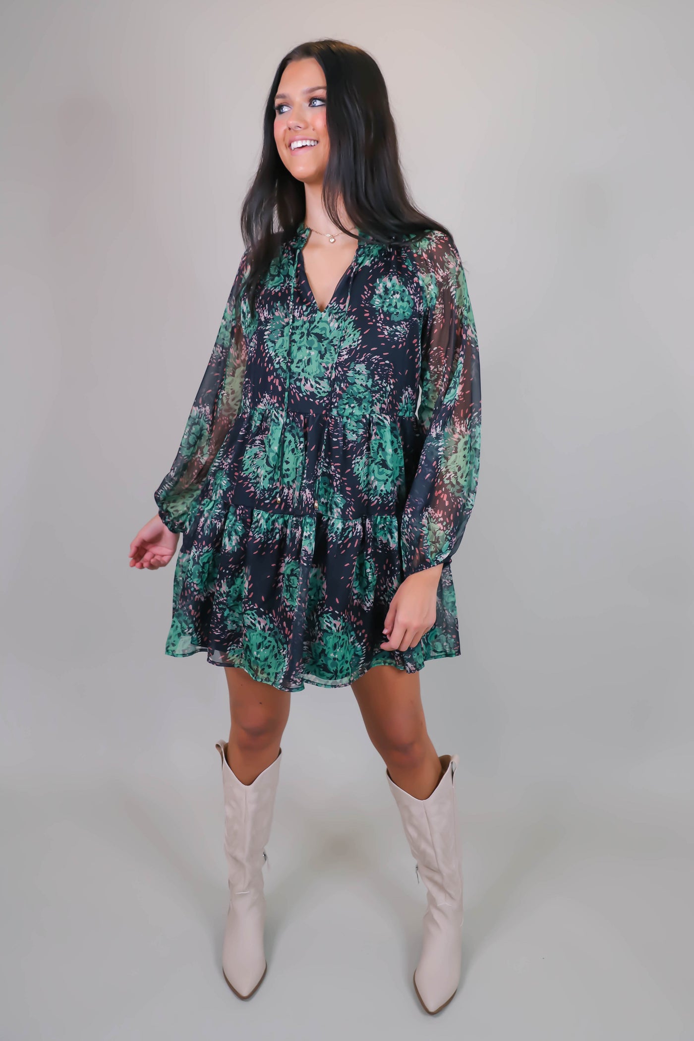 Tiered Mini Dress- Colorful Long Sleeve Dress- Woven Lightweight Dress- Entro Dress